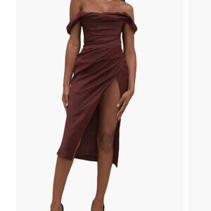 HOUSE of CB Rhoda Off the Shoulder Corset Dress Burgundy Raisin Midi OffShoulder